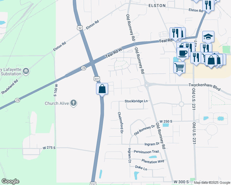 map of restaurants, bars, coffee shops, grocery stores, and more near 412 Brunswick Drive in Lafayette