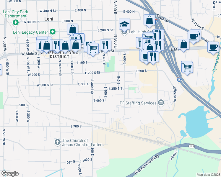 map of restaurants, bars, coffee shops, grocery stores, and more near 490 East 350 South Street in Lehi
