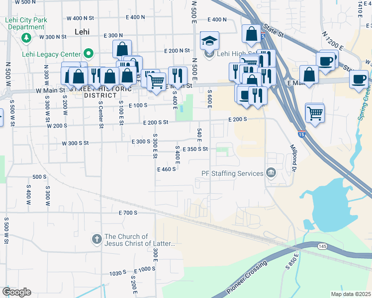 map of restaurants, bars, coffee shops, grocery stores, and more near East 350 South Street in Lehi