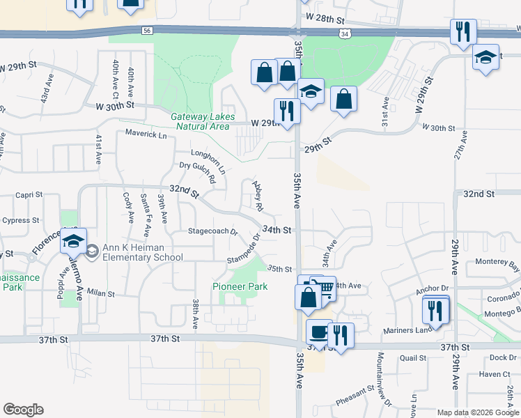 map of restaurants, bars, coffee shops, grocery stores, and more near 3201 Abbey Road in Evans