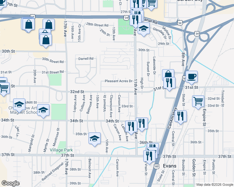 map of restaurants, bars, coffee shops, grocery stores, and more near 1405 32nd Street in Evans