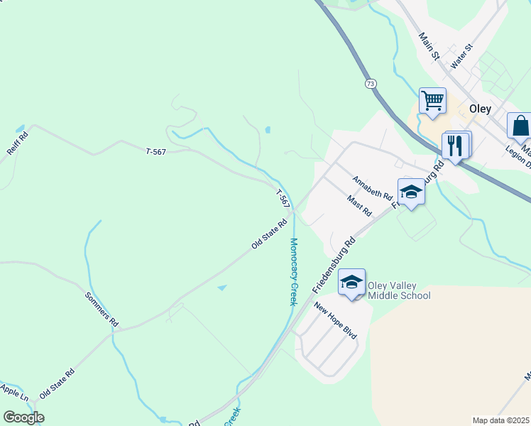 map of restaurants, bars, coffee shops, grocery stores, and more near 539 Old State Road in Oley