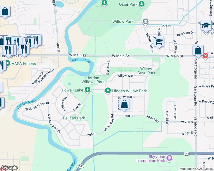 map of restaurants, bars, coffee shops, grocery stores, and more near 295 South Willow Lane in Lehi