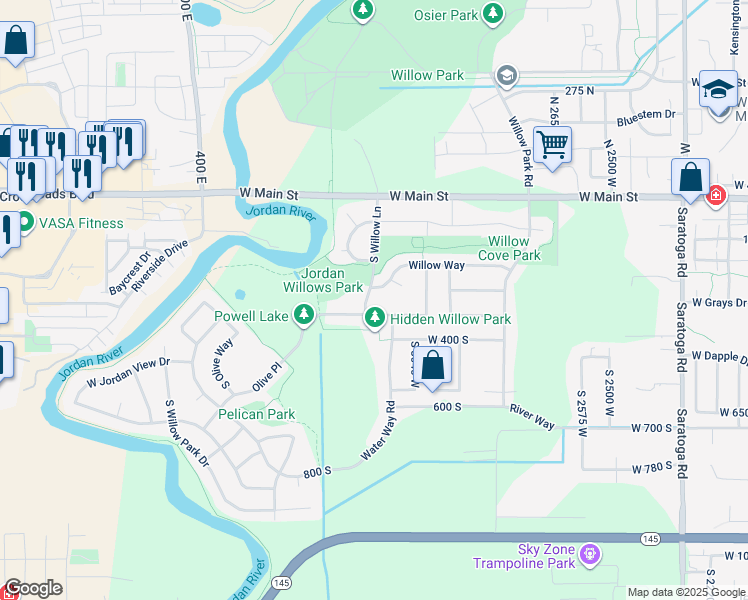 map of restaurants, bars, coffee shops, grocery stores, and more near 295 South Willow Lane in Lehi