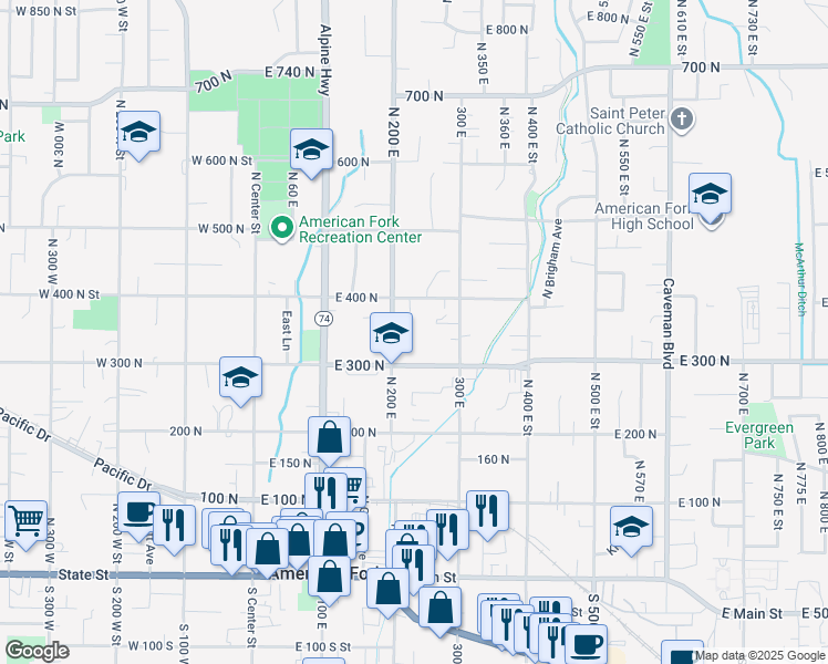 map of restaurants, bars, coffee shops, grocery stores, and more near 352 North 200 East in American Fork