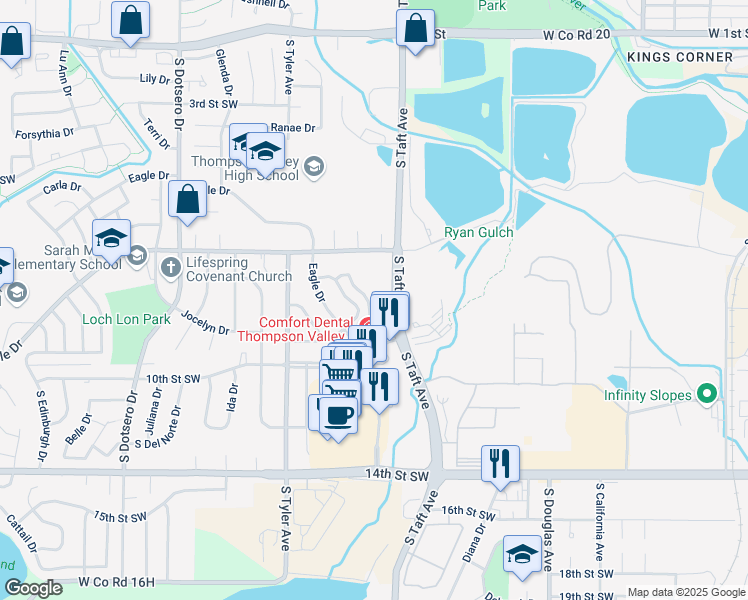 map of restaurants, bars, coffee shops, grocery stores, and more near 1451 10th Street Southwest in Loveland