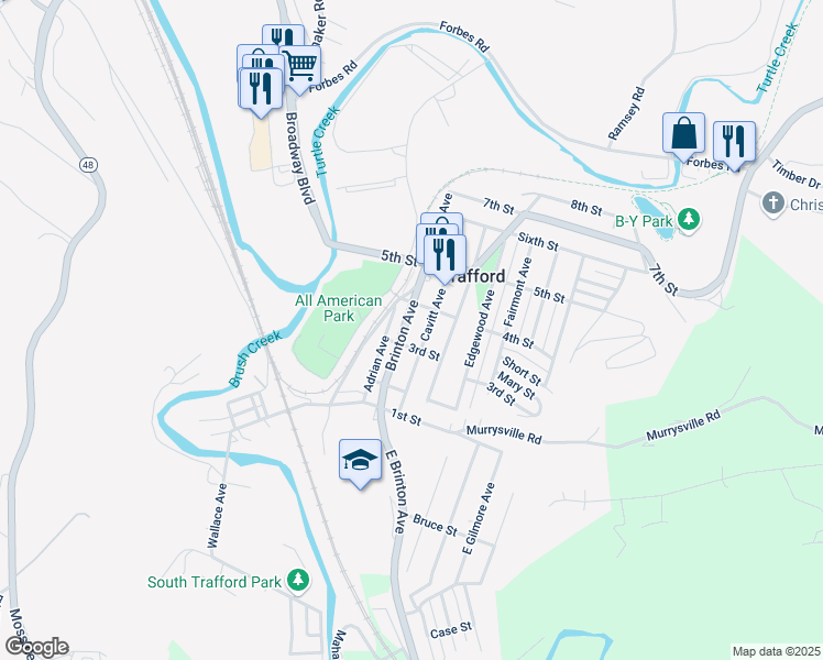 map of restaurants, bars, coffee shops, grocery stores, and more near 116 4th Street in Trafford
