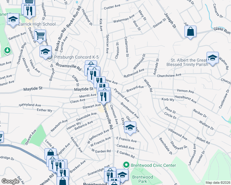 map of restaurants, bars, coffee shops, grocery stores, and more near 2735 Pyramid Avenue in Brentwood