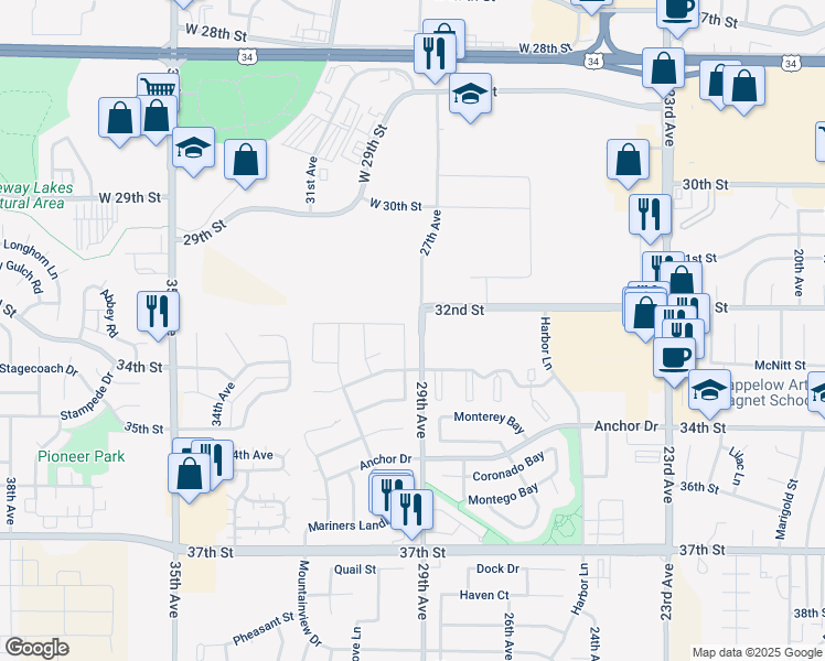 map of restaurants, bars, coffee shops, grocery stores, and more near 3230 Sheltered Harbor Drive in Evans