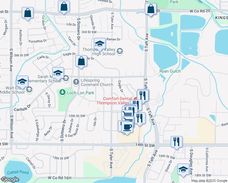 map of restaurants, bars, coffee shops, grocery stores, and more near 802 Gardenia Drive in Loveland