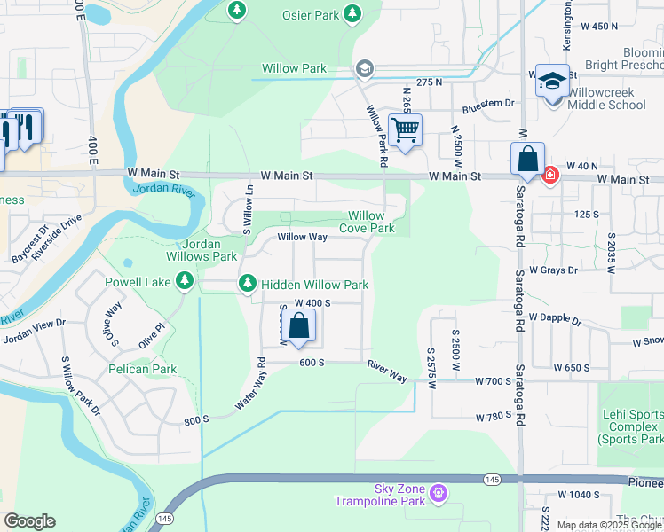 map of restaurants, bars, coffee shops, grocery stores, and more near 2885 West Willow Sprout Road in Lehi