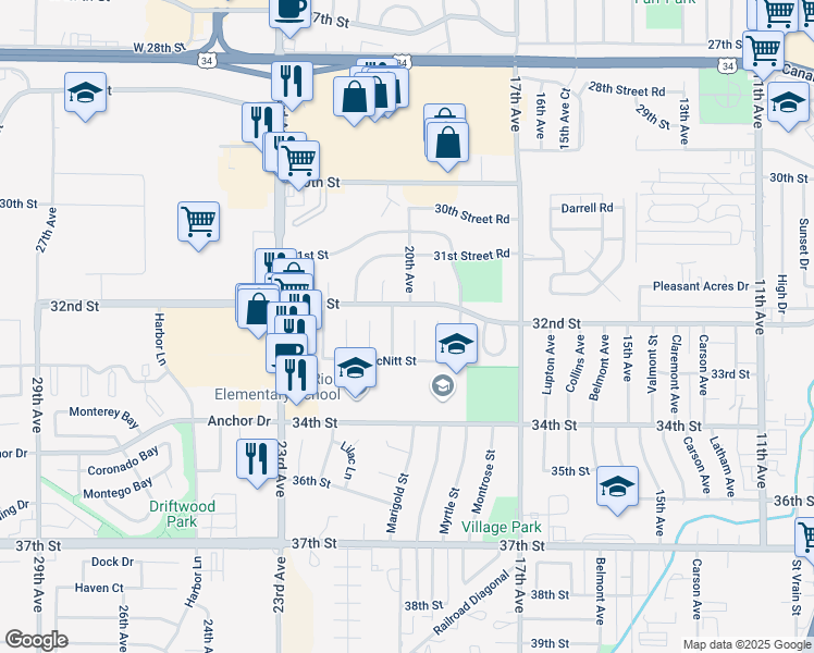 map of restaurants, bars, coffee shops, grocery stores, and more near 3209 Dickson Court in Evans