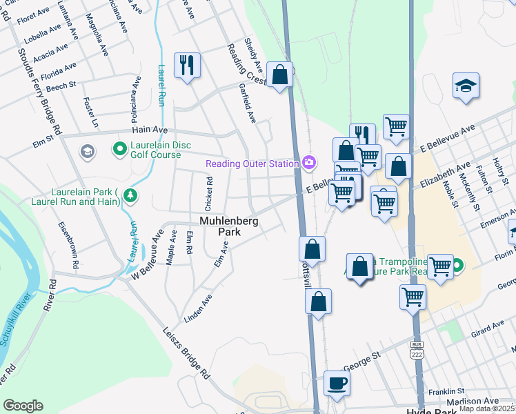 map of restaurants, bars, coffee shops, grocery stores, and more near 213 West Bellevue Avenue in Reading