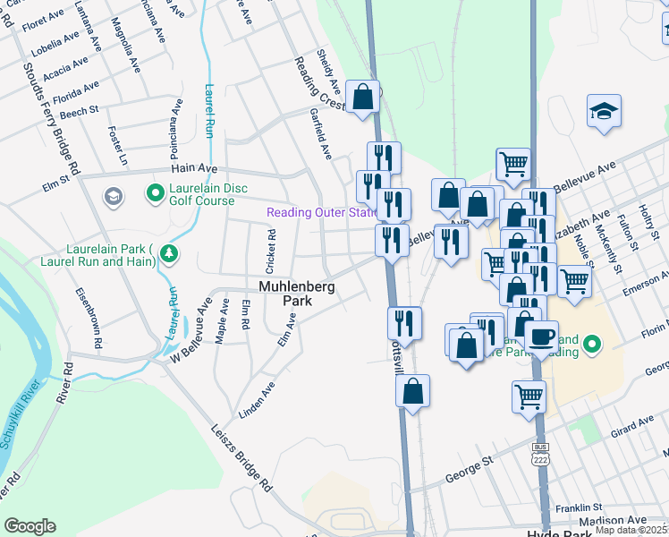 map of restaurants, bars, coffee shops, grocery stores, and more near 213 West Bellevue Avenue in Reading