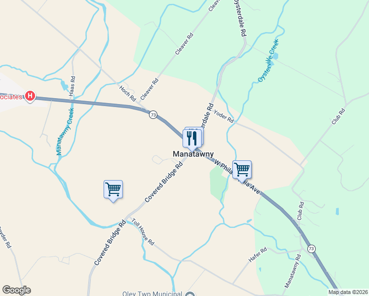 map of restaurants, bars, coffee shops, grocery stores, and more near 4 Covered Bridge Road in Oley