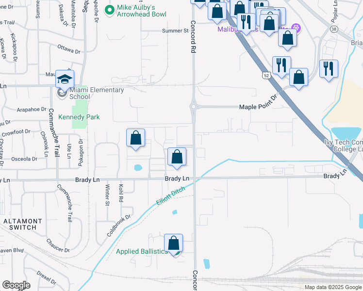 map of restaurants, bars, coffee shops, grocery stores, and more near New London Court in Lafayette