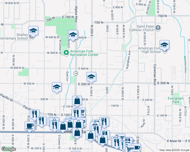 map of restaurants, bars, coffee shops, grocery stores, and more near 352 North 200 East in American Fork