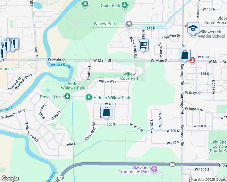 map of restaurants, bars, coffee shops, grocery stores, and more near 3685 West 260 South in Lehi