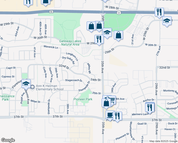 map of restaurants, bars, coffee shops, grocery stores, and more near 3201 Abbey Road in Evans