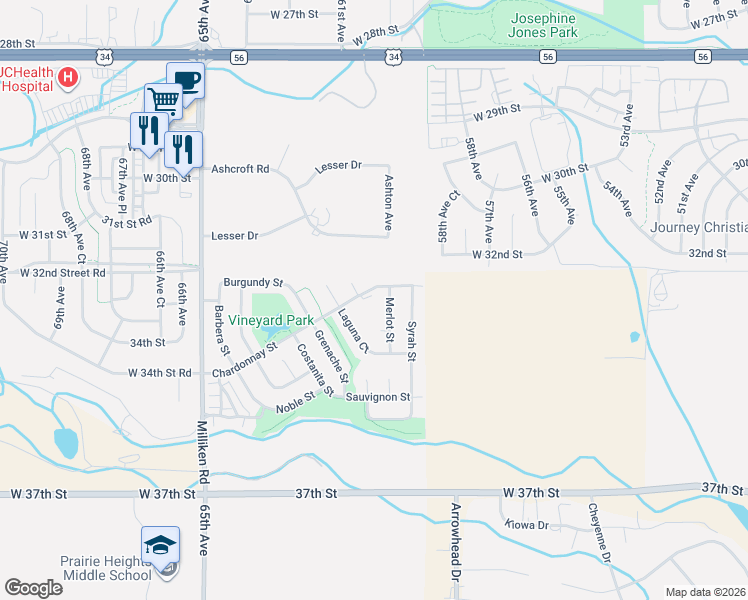 map of restaurants, bars, coffee shops, grocery stores, and more near 3302 Merlot Street in Greeley