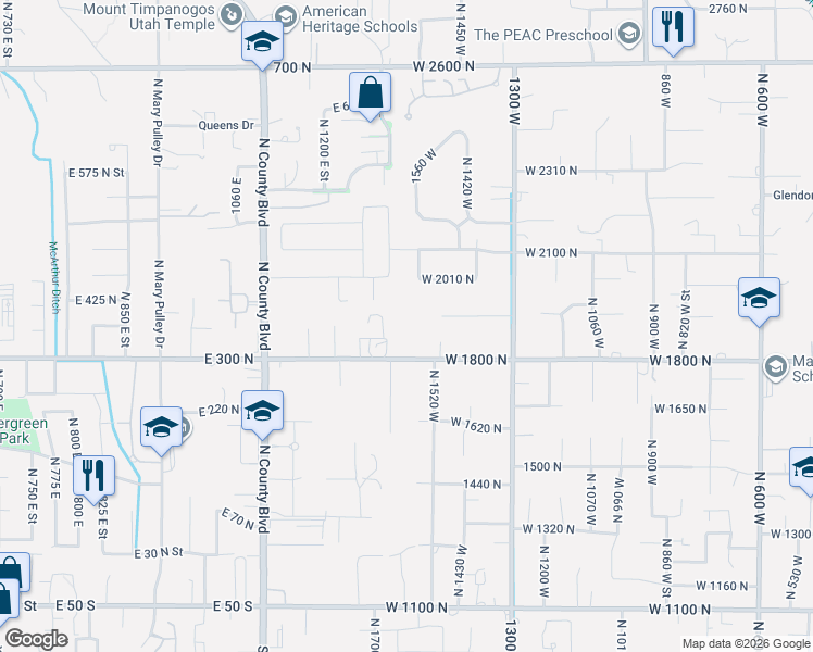 map of restaurants, bars, coffee shops, grocery stores, and more near 364 North 1260 East in American Fork
