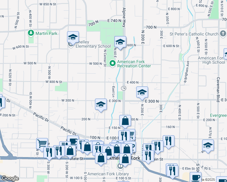 map of restaurants, bars, coffee shops, grocery stores, and more near 368 North Center Street in American Fork
