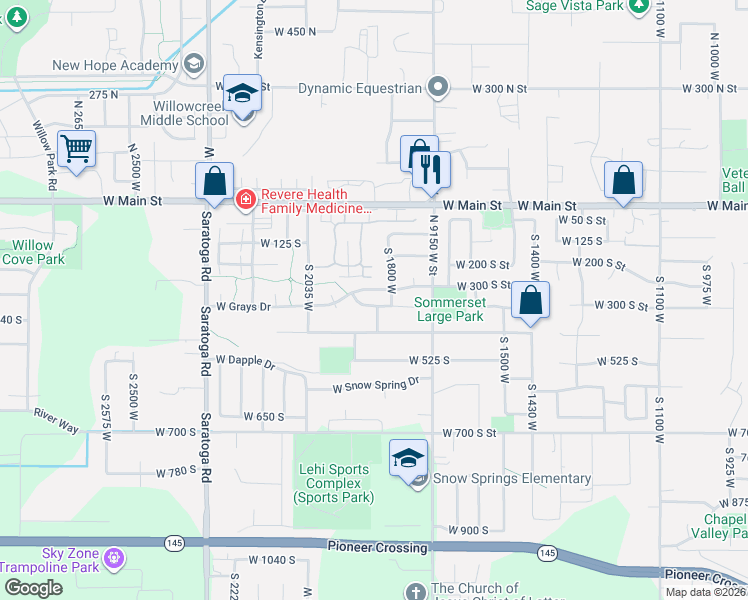 map of restaurants, bars, coffee shops, grocery stores, and more near 1834 West Grays Place in Lehi