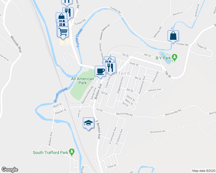 map of restaurants, bars, coffee shops, grocery stores, and more near 116 4th Street in Trafford