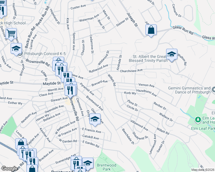 map of restaurants, bars, coffee shops, grocery stores, and more near 2958 Brevard Avenue in Pittsburgh