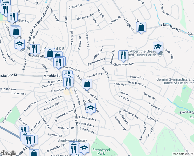 map of restaurants, bars, coffee shops, grocery stores, and more near 2940 Brevard Avenue in Pittsburgh