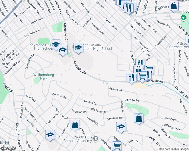 map of restaurants, bars, coffee shops, grocery stores, and more near 912 McNeilly Road in Pittsburgh