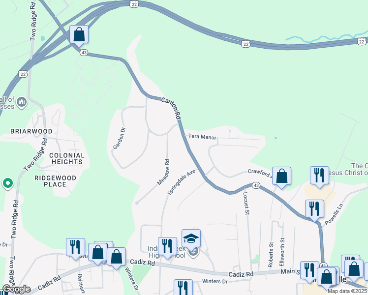 map of restaurants, bars, coffee shops, grocery stores, and more near 601 Canton Road in Steubenville