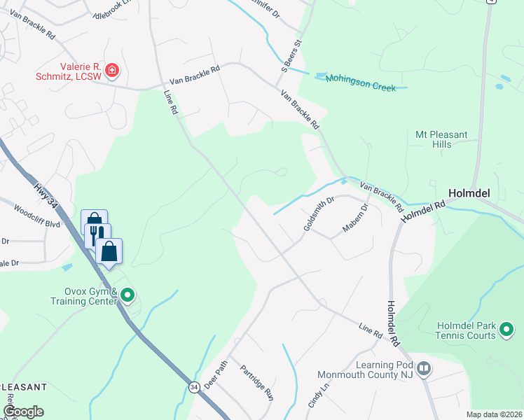 map of restaurants, bars, coffee shops, grocery stores, and more near 34 Line Road in Holmdel