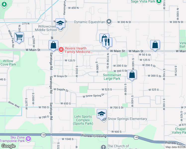 map of restaurants, bars, coffee shops, grocery stores, and more near 1834 West Grays Place in Lehi