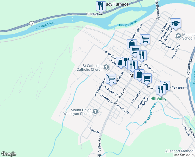 map of restaurants, bars, coffee shops, grocery stores, and more near West Davis Street in Mount Union
