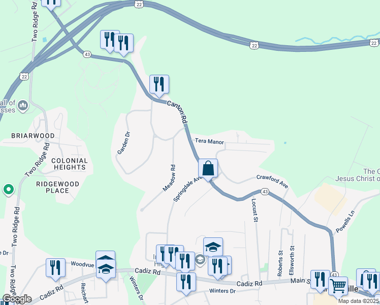 map of restaurants, bars, coffee shops, grocery stores, and more near 601 Canton Road in Steubenville