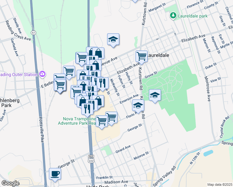 map of restaurants, bars, coffee shops, grocery stores, and more near 3216 McKently Street in Laureldale