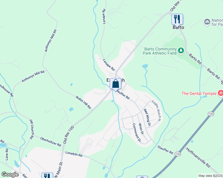 map of restaurants, bars, coffee shops, grocery stores, and more near 2130 Old Route 100 in Bechtelsville