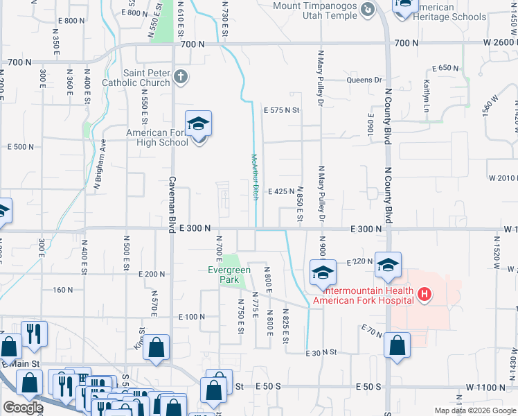 map of restaurants, bars, coffee shops, grocery stores, and more near 351 North 800 East in American Fork