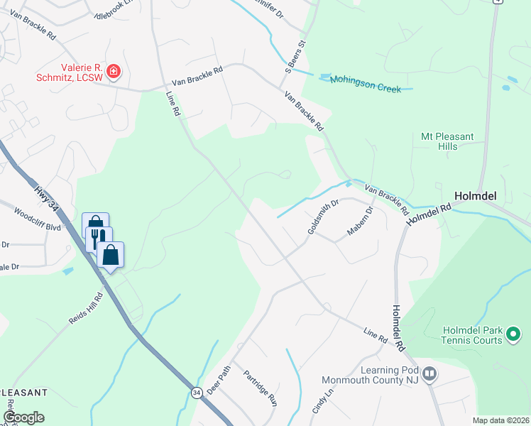 map of restaurants, bars, coffee shops, grocery stores, and more near 36 Line Road in Holmdel