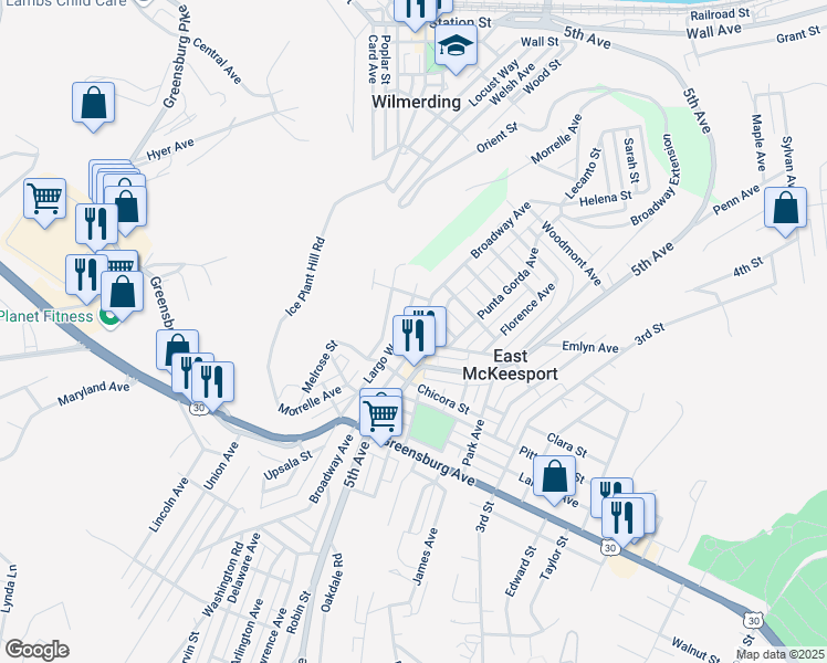 map of restaurants, bars, coffee shops, grocery stores, and more near 946 Broadway Street in East McKeesport