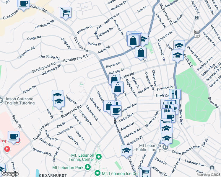 map of restaurants, bars, coffee shops, grocery stores, and more near 611 Bower Hill Road in Pittsburgh