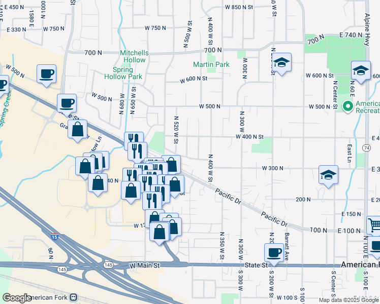 map of restaurants, bars, coffee shops, grocery stores, and more near 356 North 480 West Street in American Fork
