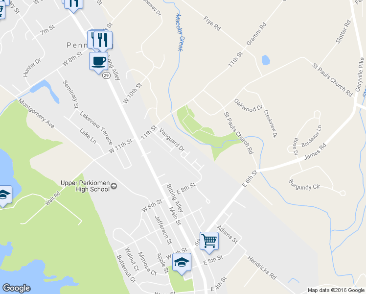 map of restaurants, bars, coffee shops, grocery stores, and more near 912 Vanguard Drive in Red Hill