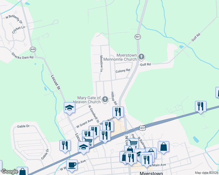 map of restaurants, bars, coffee shops, grocery stores, and more near 18 Glenwood Drive in Myerstown
