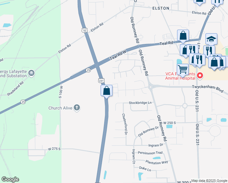 map of restaurants, bars, coffee shops, grocery stores, and more near 409 Brunswick Drive in Lafayette