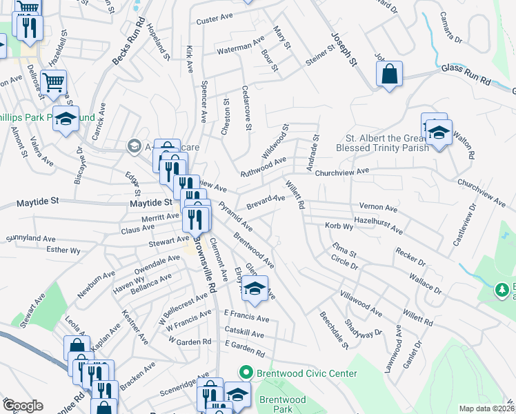 map of restaurants, bars, coffee shops, grocery stores, and more near 2940 Brevard Avenue in Pittsburgh