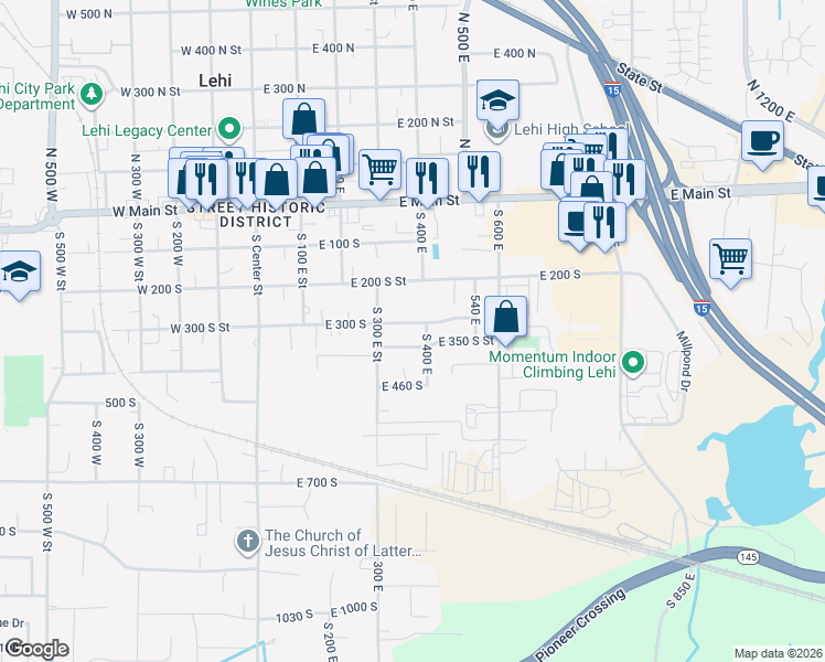 map of restaurants, bars, coffee shops, grocery stores, and more near 370 East 300 South in Lehi