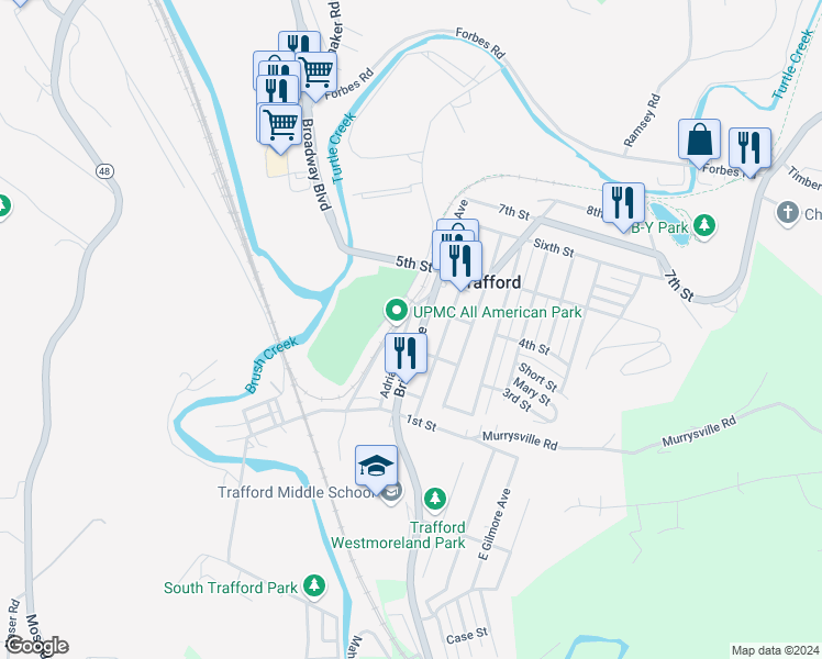 map of restaurants, bars, coffee shops, grocery stores, and more near 308 Adrian Avenue in Trafford