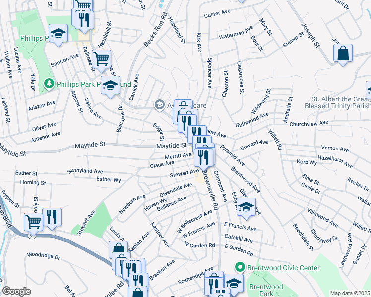 map of restaurants, bars, coffee shops, grocery stores, and more near in Pittsburgh